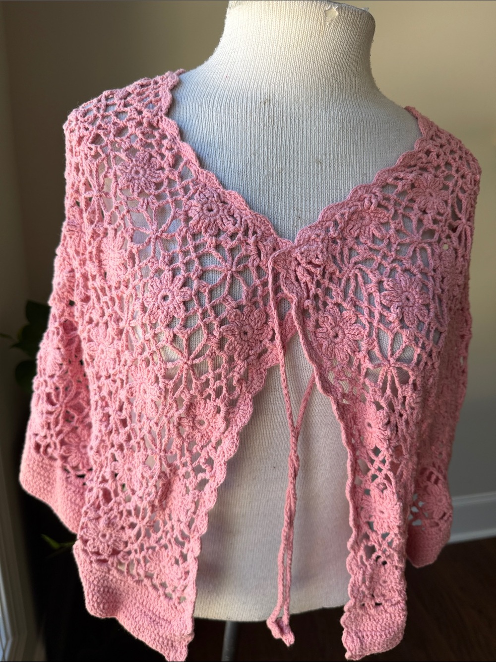 Pink Crocheted Floral Openwork Shrug with Tie Front